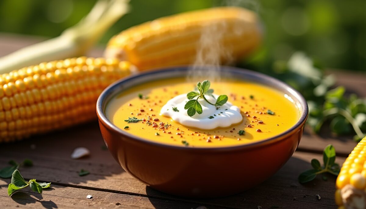 Délice onctueux : Soupe de maïs gourmande coiffée d'une chantilly au fromage
