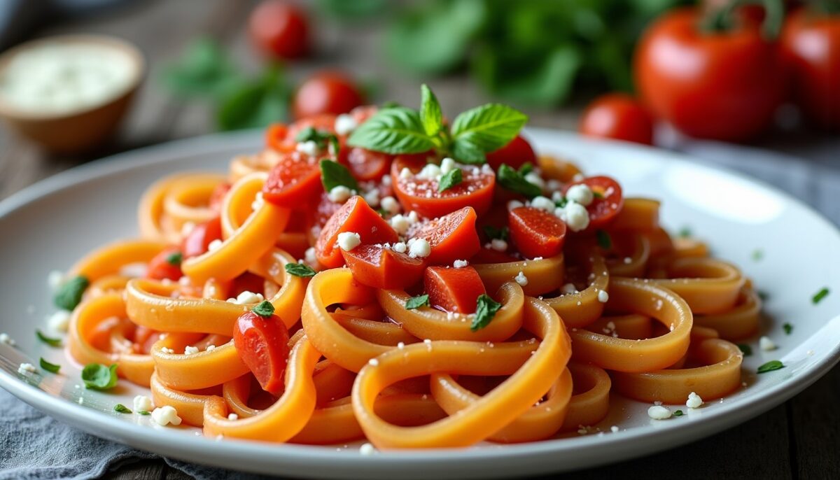 Fettucine gourmandes à la sauce tomate, éclats de noix et onctuosité au fromage bleu : un délice à savourer
