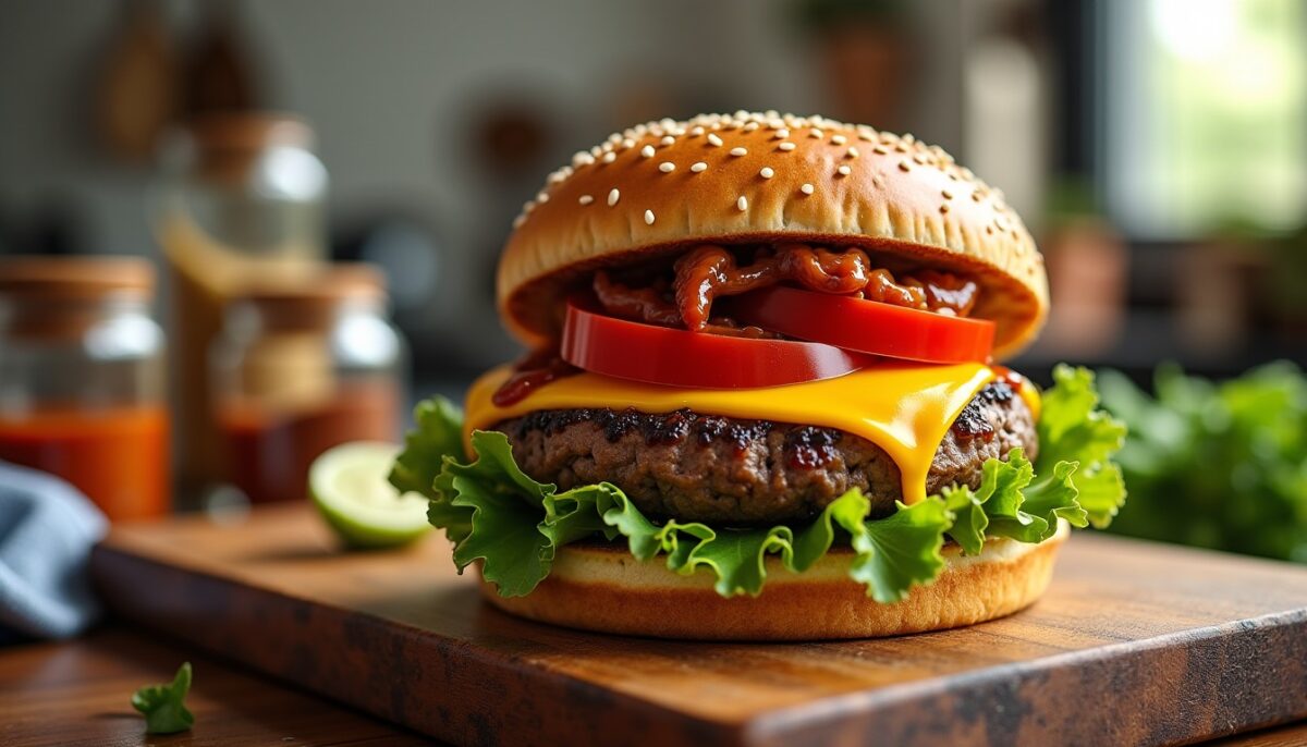Préparez un délicieux hamburger maison au fromage fondant accompagné d'une sauce barbecue savoureuse