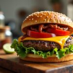 Préparez un délicieux hamburger maison au fromage fondant accompagné d’une sauce barbecue savoureuse