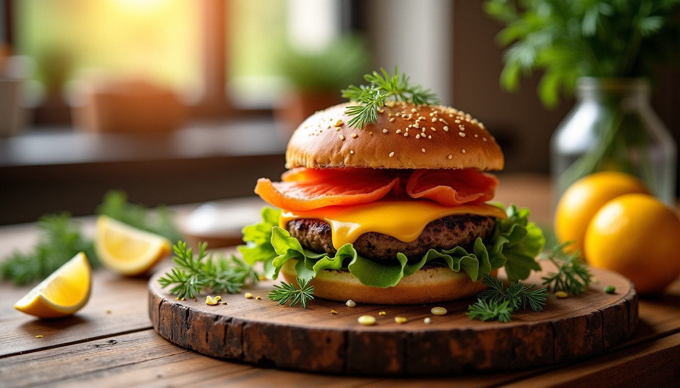 Délice gourmand : Burger au fromage fondant et saumon fumé