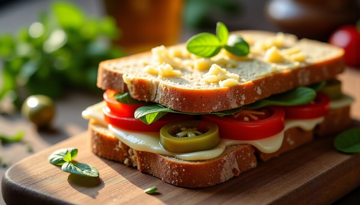 Délice léger : sandwich tomates, olives, tarama de cabillaud et emmental fondant
