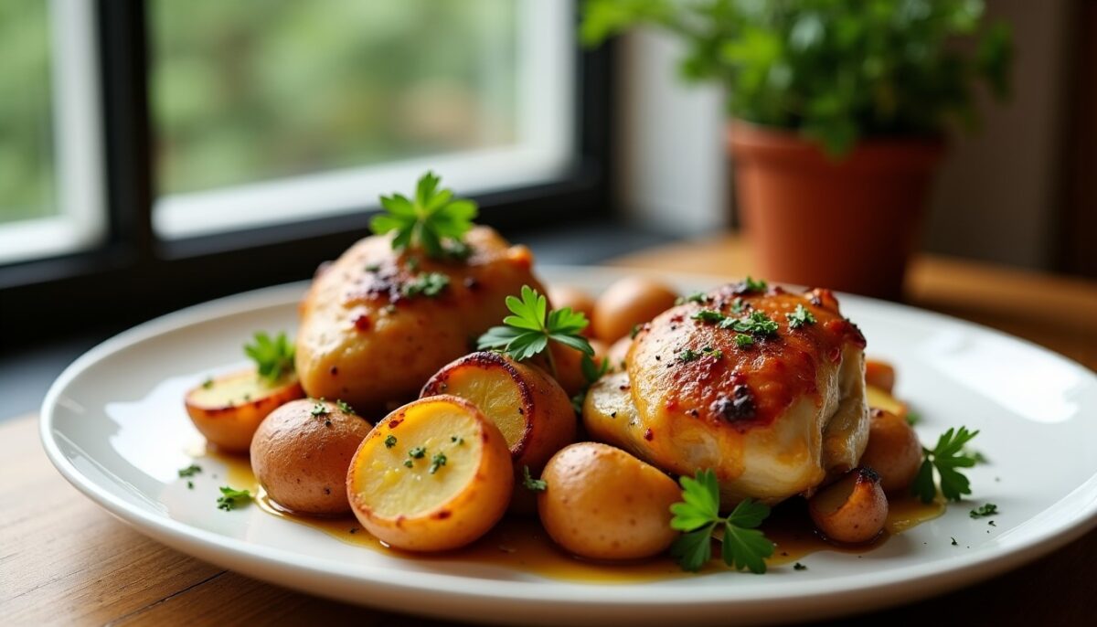 Délicieux déjeuner léger : cuisses de poulet dorées et pommes de terre rôties au four
