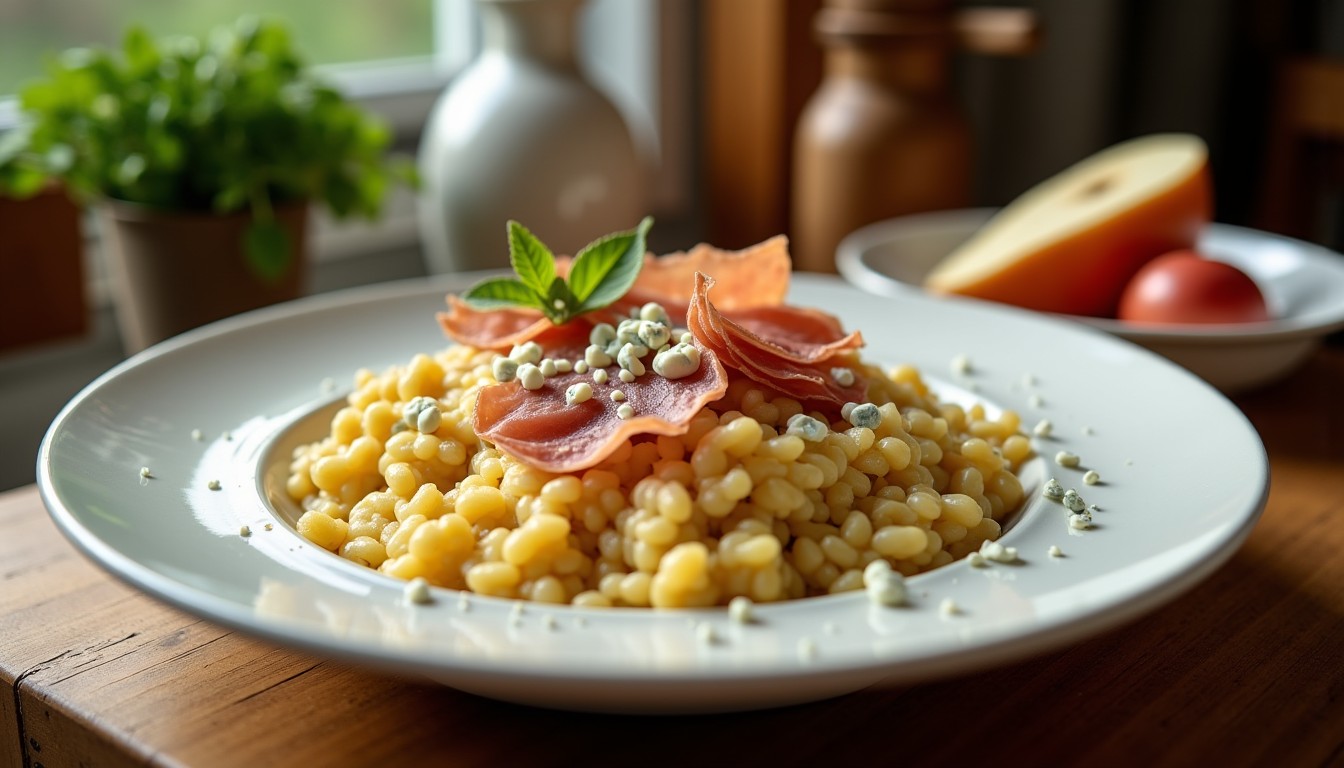 Délice crémeux : Risotto au Fromage Bleu, Jambon Cru et Poire - Recette savoureuse et raffinée