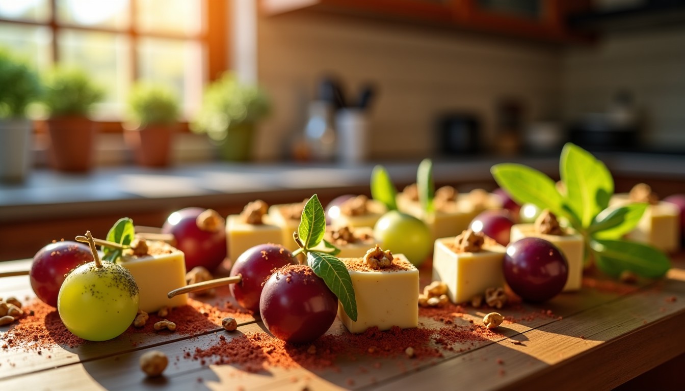 Délices sucrés-salés : Brochettes de raisins, fromage, noix et épices aromatiques