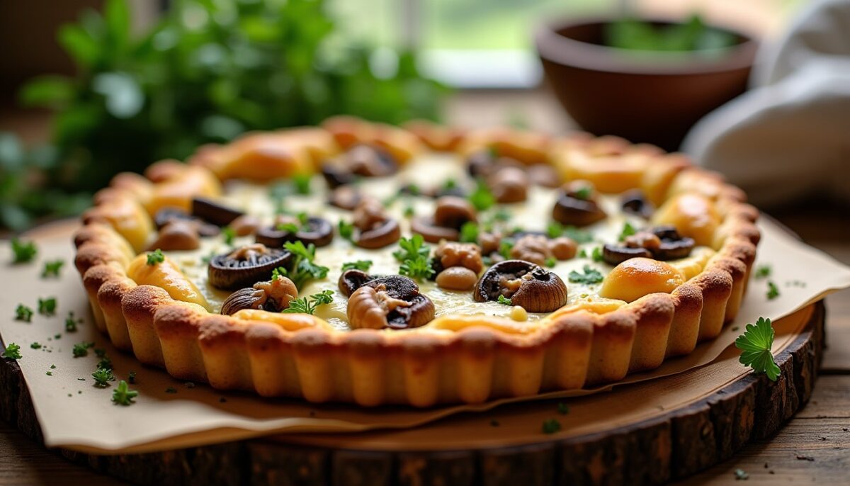 Délicieuse tarte gourmande aux champignons et fromages fondants