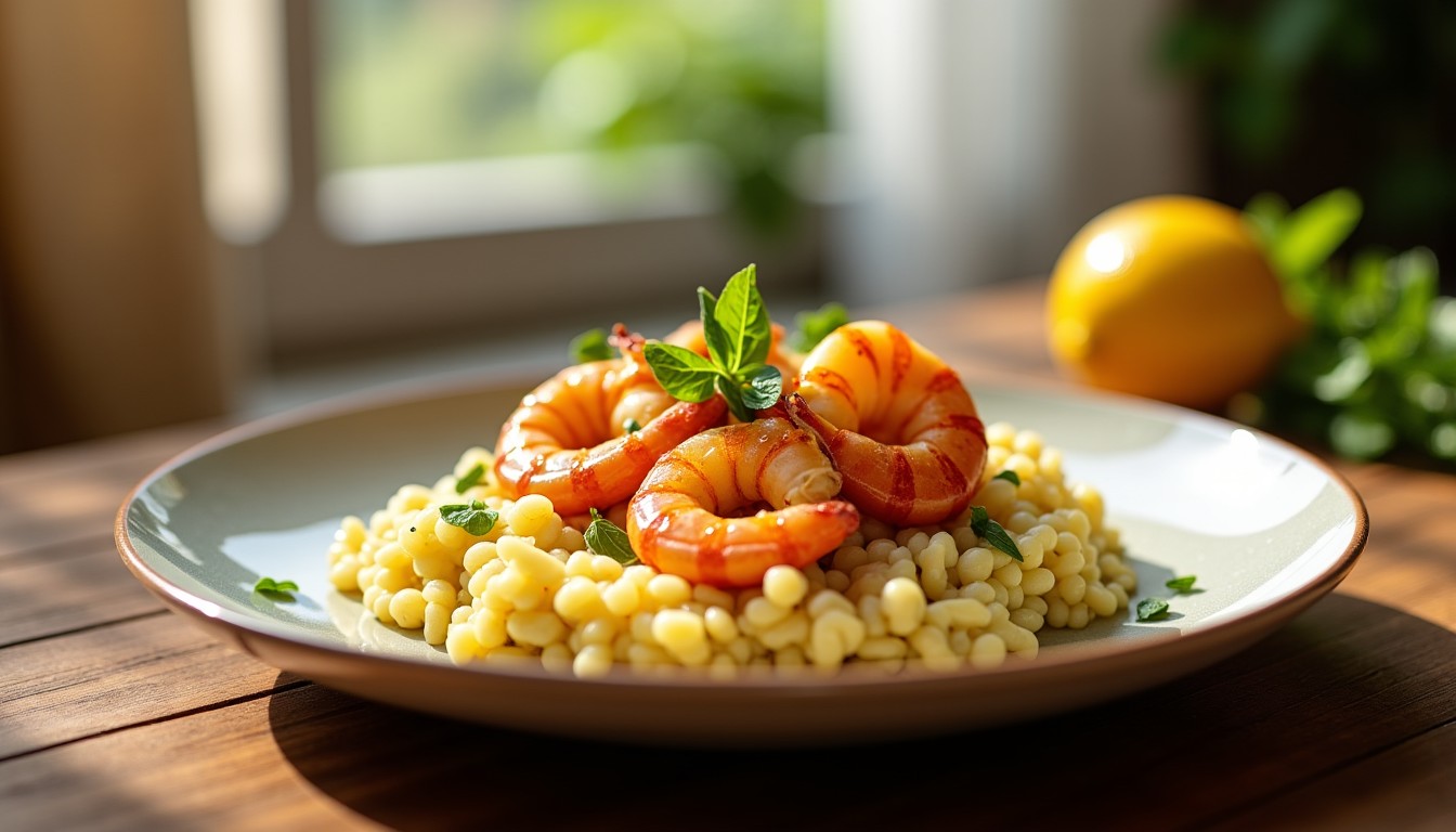 Quinoa en douceur : risotto citronné aux crevettes caramélisées