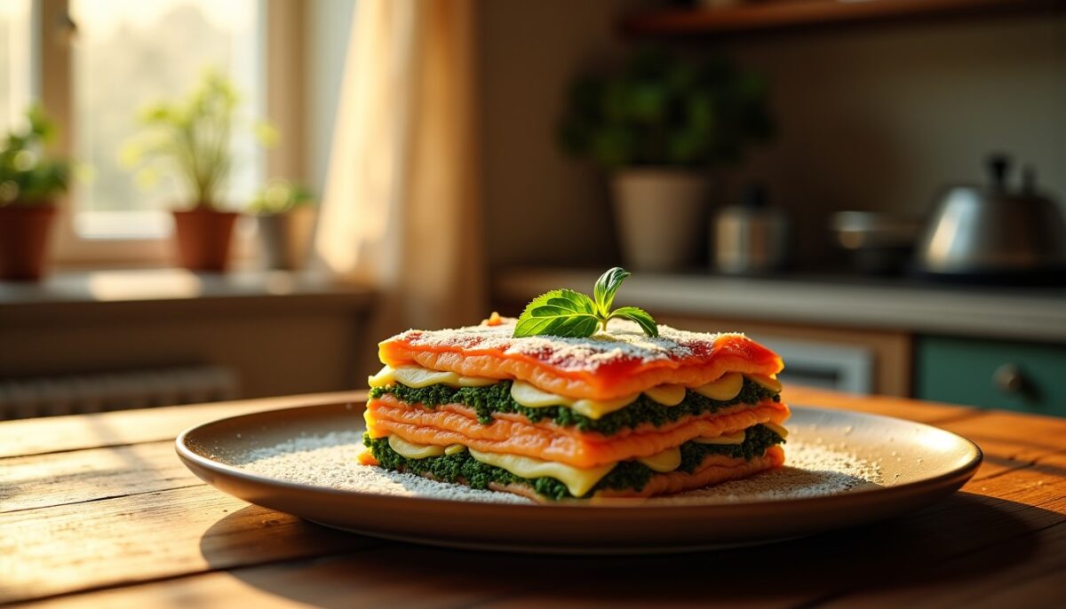 Délice de lasagnes au bleu, saumon frais, brocolis croquants et courgettes fondantes