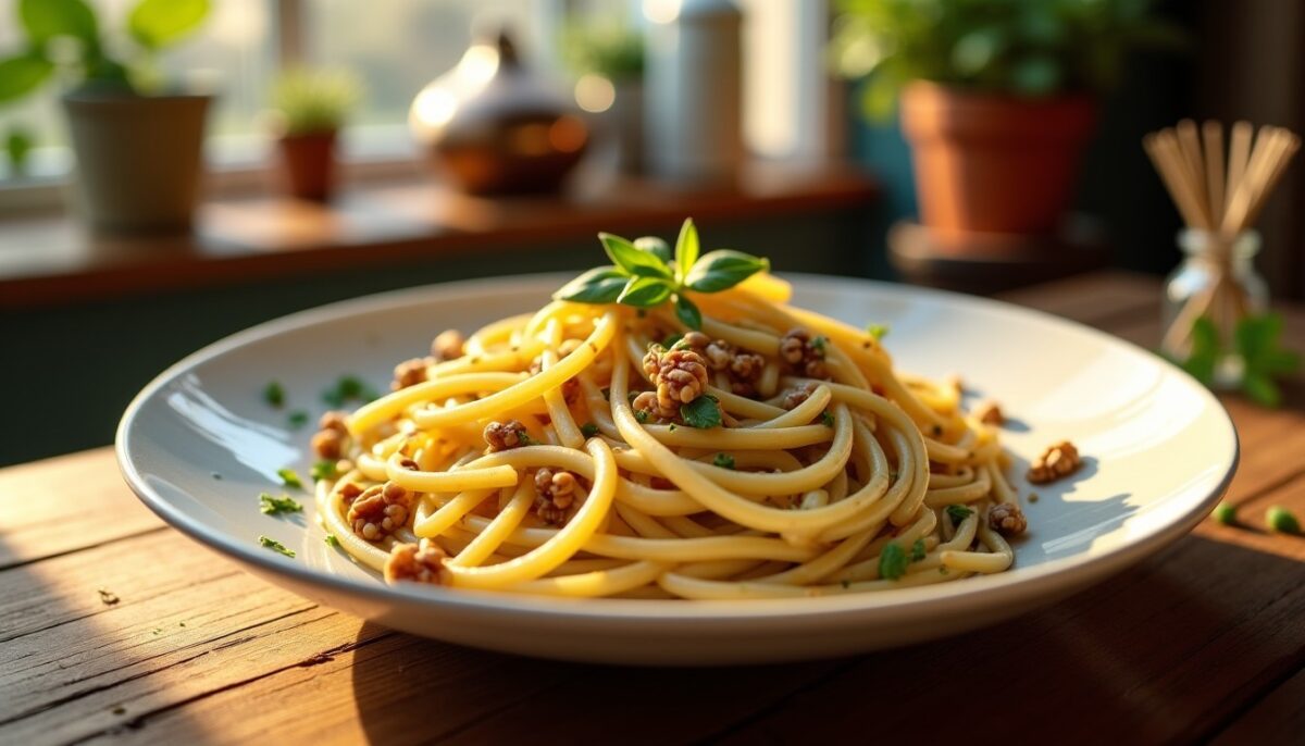 Délice de pâtes à l'ail et noix dans une sauce légère : une recette pleine de saveurs