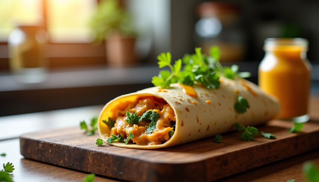 Wrap gourmand de dinde au fromage, relevé d'une moutarde au curry et parfumé à la coriandre : la recette à tester absolument