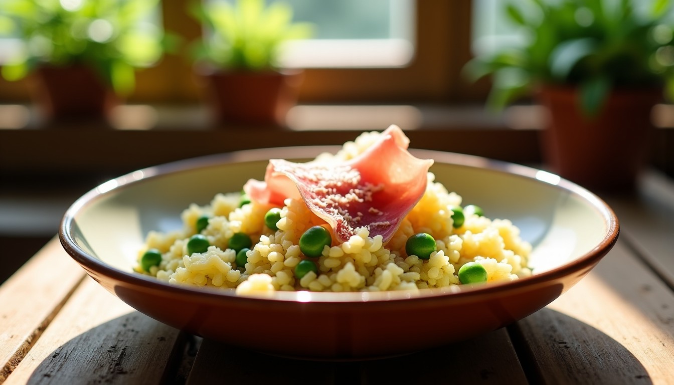 Recette facile et gourmande : risotto léger aux petits pois et jambon cru
