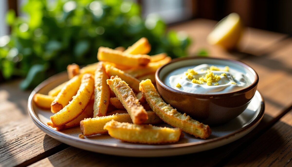 Délicieuses frites de courgettes croustillantes accompagnées d'une sauce onctueuse au yaourt et citron confit