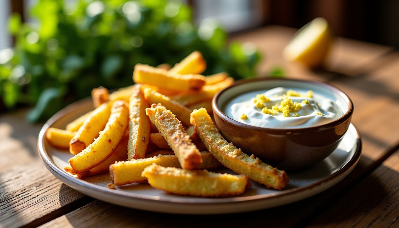 Délicieuses frites de courgettes croustillantes accompagnées d'une sauce onctueuse au yaourt et citron confit